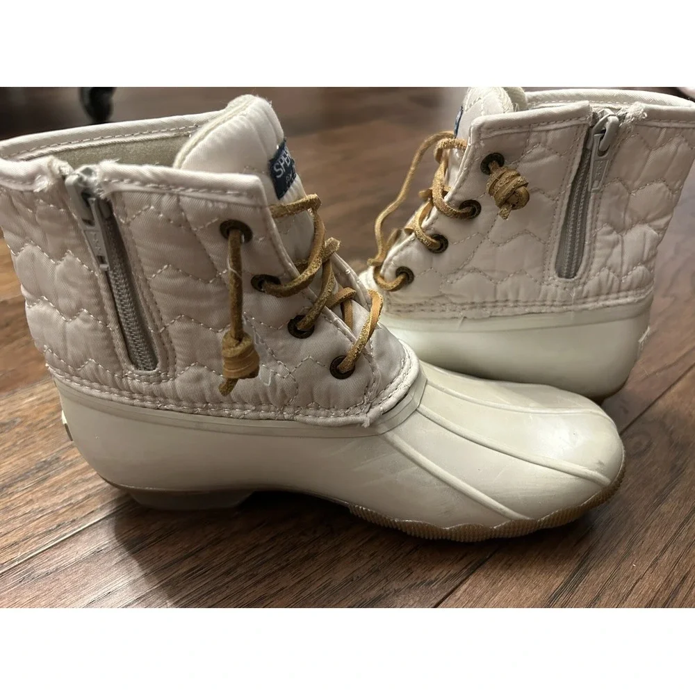 Sperry Duck Boots Youth 3 M Girls Saltwater Zip Lace Up Blush White